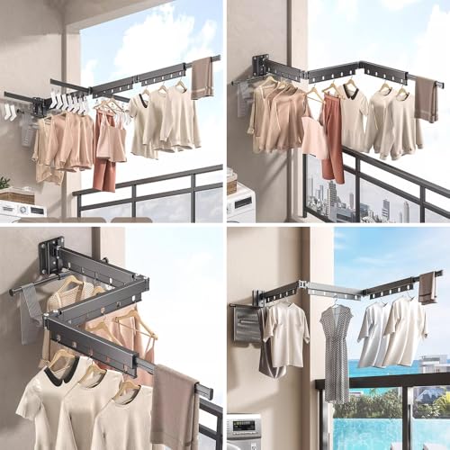 Hggzeg Clothes Drying Rack Wall Mounted, Retractable Garment Rack with Hooks, 360° Rotating Tri-Collapsible Laundry Clothes Drying Rack for Balcony, Laundry, Bathroom (Gunmetal grey) - Image 7