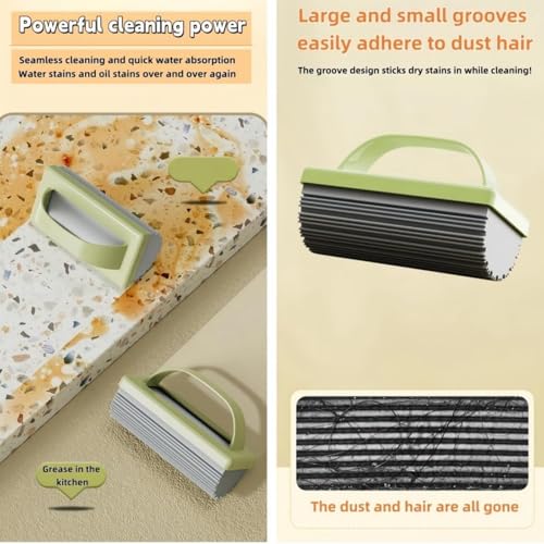 Image of Reusable Damp Duster Sponge 3-Pack, Deep Groove Cleaning Sponge with Handle | Strong Adhesion & Super Absorption for Baseboards, Blinds, Vents, Window Tracks (Green)