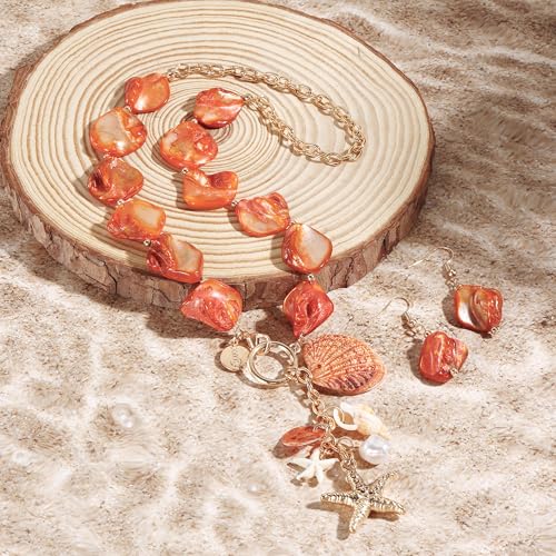 Image of Coiris Natural Seashell Choker Necklaces Earrings Jewelry Set for Women Starfish Shell Freshwater Pearl Collar Necklaces for Women Irregular Mother of Pearl Jewelry Set