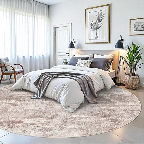 Washable Abstract 9ft Round Rugs - Large Rugs for Living Room Non Slip Indoor Entryway Rubber Backing Carpet Bedroom Kitchen Distressed Stain Resistant Floor Decor Mat Machine Washable 9ft Brown