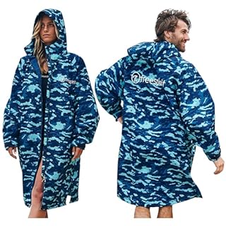 FREESPIRIT Aquarobe Pro with Hood, Deep-Pile Fleece Lining & 2 Zipped Pockets, Waterproof, Breathable, Long-length & Oversized Drying Robe (UK, Alpha, S, M, Regular, Regular, Camo Blue)