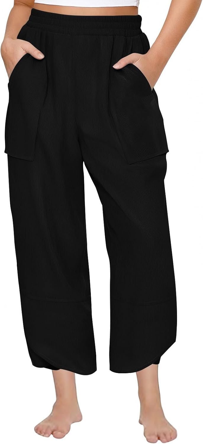 Womens Wide Leg Capri Pants Elastic High Waisted Cotton Beach Pants Loose Fit Casual Cropped Trousers with Pockets