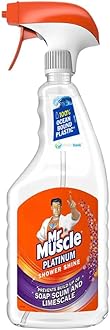 Mr Muscle 3 x 750ml Platinum Shower Shine Spray With Welari Thank You Card Bathroom Limescale Soap Scum Cleaner (2.25L)