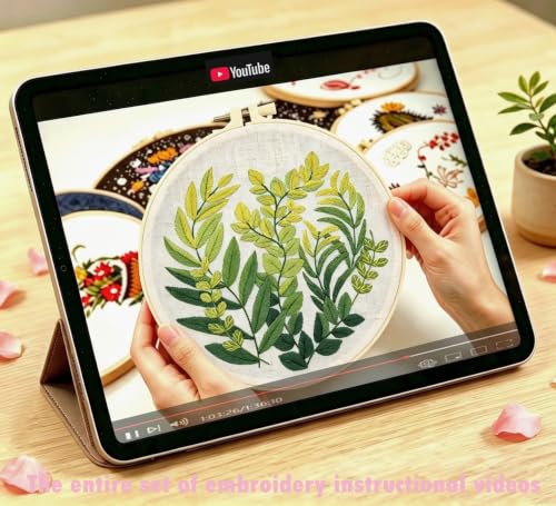 Image of Vintage Plant Embroidery Kits for Beginners Adults, Flowers Hand Embroidery Sets Needlepoint Kits, Stamped Cross Stitch Kits for Beginners Adults, 4 Embroidery Hoops, Fabric (Attached Video Tutorial)
