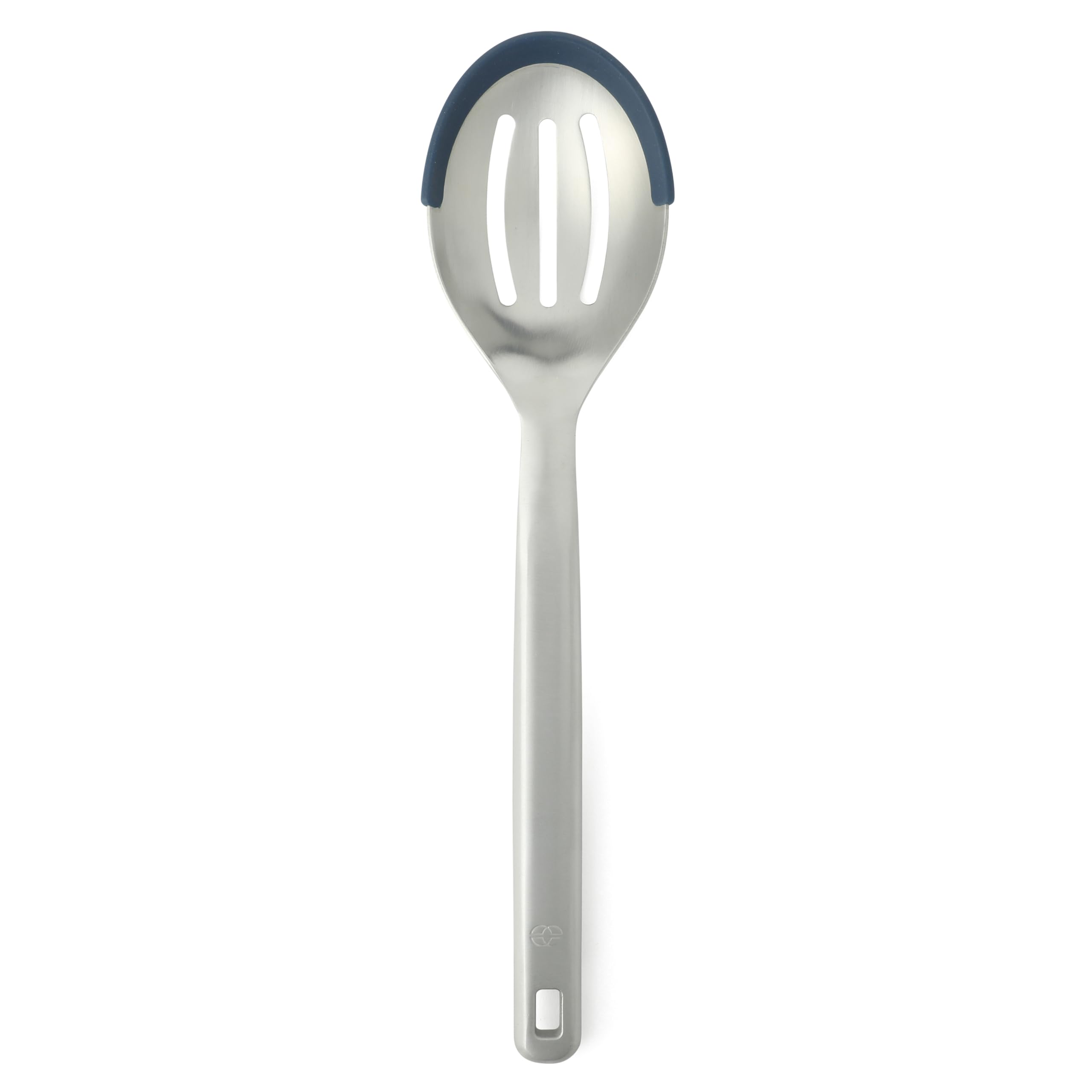 Calphalon Prime Slotted Spoon Skimmer, Stainless Steel Straining Spoon with Navy Silicone Rim, Heat-Resistant Nonstick-Safe Kitchen Spoon for Draining, Cooking &amp; Serving