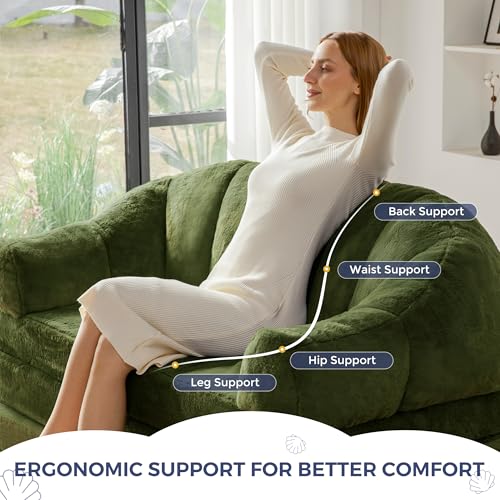 Image of MAXYOYO Folding Sofa Bed, 2 in 1 Convertible Sofa to Lounger Comfy Loveseat Bean Bag Chair for Adults, Floor Couch with Handle, Faux Fur Couch Bed for Living Room Bedroom, Green, Loveseat