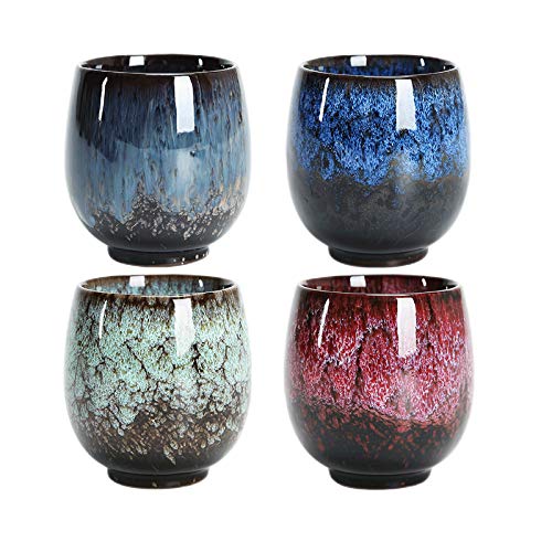Japanische Teetasse, Set aus Teetassen aus Keramik, Set mit 4 Tassen, handgefertigt, mehrfarbig, emailliert, geflammt, für Zuhause, Büro, Geschenke