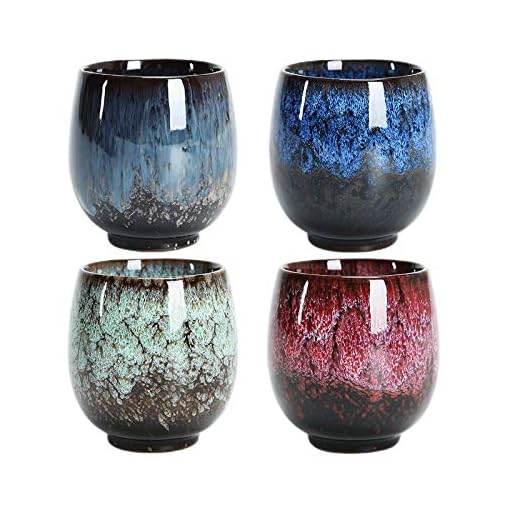 Lanbent Juego de tazas de té de cerámica japonesa, juego de 4 tazas hechas a mano, multicolor esmaltado flameado, para el hogar, oficina, regalos