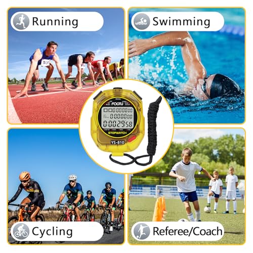 Image of Sports Stopwatch Timer, 10 Lap /Split Memory Digital Stopwatch Countdown Timer with 12 /24 Hour Clock Alarm On /Off, Calendar 3-Row Extra Large Screen Lanyard for P.E Coach and Referees (Yellow)