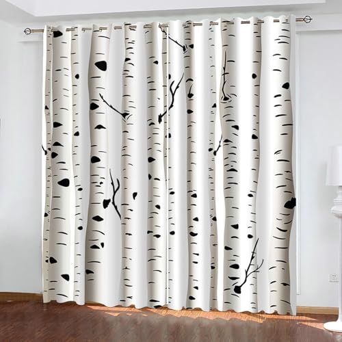 Beydodo 2 Paneles Cortina Opacas Cocina 86cm, Paisaje del Tronco, Cortina Habitacion con Ojales, (Beige Blanco, 86x115cm)