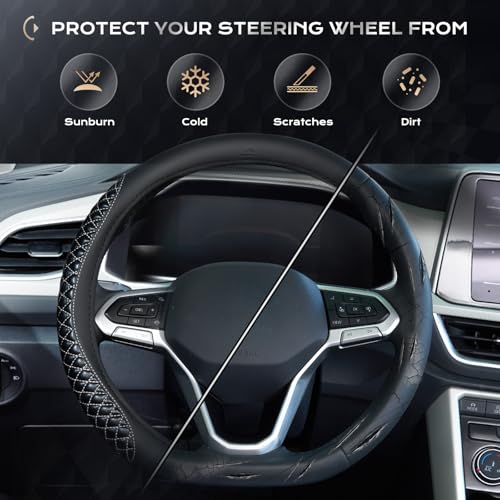 Image of Coverado Car Steering Wheel Cover, Nappa Leather Black & Grayline Steering Wheel Covers, Universal 14-15 inch, Anti-Slip, Breathable Steering Wheel Protector for Women Men