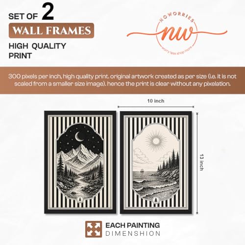 Image of NoWorries Framed Black and White Wall Art Set of 2, Vintage Mountain Moon and Coastal Ocean Landscape Prints, Boho Nature Decor, Scandinavian Minimalist Artwork for Bedroom, Hallway and Office (Art-18, 10x13inch)