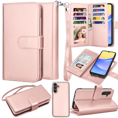 Takfox, Samsung Galaxy A15 5G Case, PU Leather Wallet, 9 Card Slots, Rose Gold