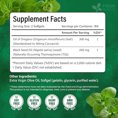 Image of FreshDrinkUS, Premium Oregano Black Seed Oil Softgels | 330 Count | Blend of 300mg Oregano Oil + 200mg Black Seed - Plant-Based Source of Natural Antioxidants.
