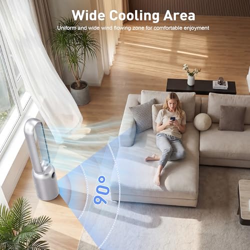 Image of 36 inch Bladeless Tower Fan for Bedroom, Powerful 26ft /s Airflow, 24 Speeds, 90 Oscillation, 12H Timer, Standing Fans with Remote, Quiet Bladeless Cooling Fan for Home Office Room, Light Grey