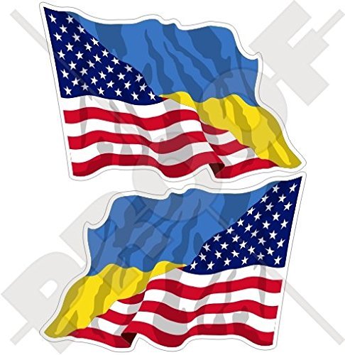 USA United States of America & Ukraine American-Ukrainian Flying Flag 4,7" (120mm) Vinyl Bumper Stickers, Decals x2 (Left-Right)