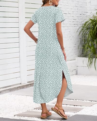 Image of MISFAY Women's Summer Maxi Dress 2026 Casual Short Sleeves V Neck Loose Sundress Split Long Beach T Shirt Dress