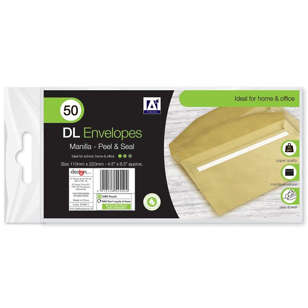 Pack of 50 Peel and Seal Manilla DL Envelopes 80 GSM | Size 220mm x 110mm | School | Home| Office (12 Packs)
