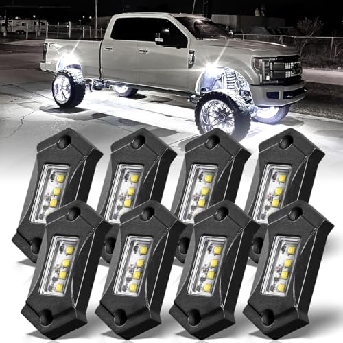 LEDKITO R3 White LED Rock Lights 8PCS for Trucks Off Road RZR Boat Car SUV ATV UTV Super Bright Under glow Pure White Lights Trail Trai Rig Lights High Power Waterproof Shockproof(8 Pods)