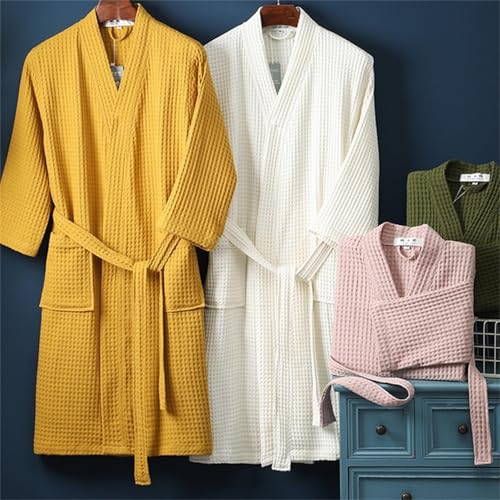 Waffle Bathrobe for Men Women, 100% Cotton Kimono Robes with Pockets & Belt, Soft Absorbent Knee-Length Robe for Bath Spa4