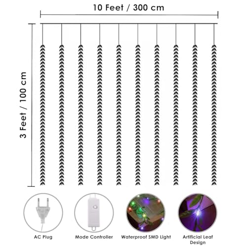 Image of MIRADH Diwali Fairy Lights Leaf Curtain String Light, 180 LED Artificial Leaf Vine with 8 Modes for Diwali, Navratri, Christmas & New Year Home & Party Decor (10x3 ft) (2, Multicolor)