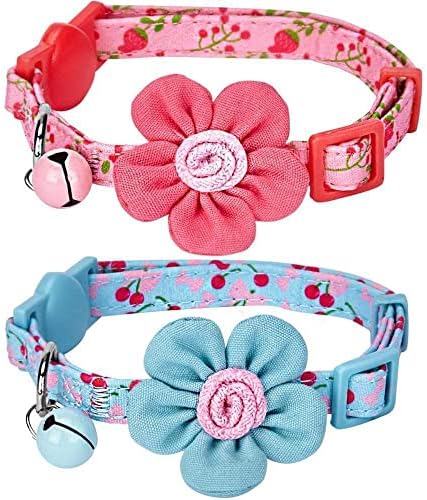 Blueberry Pet Pack of 2 Cat Collars, Lovely Cherry and Floral Prints Adjustable Breakaway Cat Collar with Flower & Bell, Neck 9"-13"