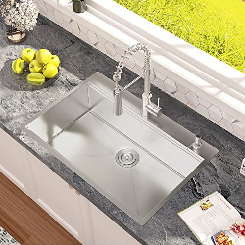 Celaeno Drop-In Kitchen Sink 33 Inch, Handmade Topmount Workstation Kitchen Sink 18 Gauge With Ledge, Single Bowl Stainless Steel Kitchen Sink With Soap Dispenser Hole #TOP4