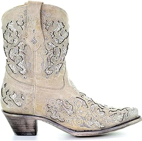 CORRAL Women's Snip Toe Wedding Embroidered Glitter Inlay and Crystals Handcrafted Pull-On Leather Over-The-Ankle Mid Calf Boot, White, 7 | Image 3