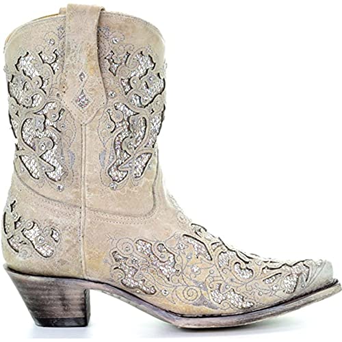 Image of CORRAL Women's Snip Toe Wedding Embroidered Glitter Inlay and Crystals Handcrafted Pull-On Leather Over-the-Ankle Cowboy /Cowgirl Boots
