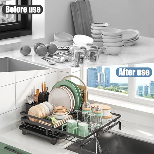 Image of DEVA Dish Drying Rack, Stretchable Large Utensils Drying Rack, Stainless Steel Kitchen Dish Rack with Drainer Tray