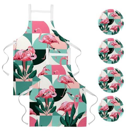 Tablier de cuisine lot de 2 avec motif flamant rose et poches
