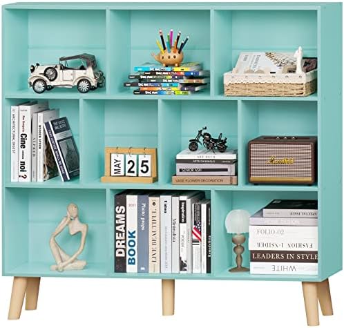 LEYAOYAO 10 Cube Bookshelf,3 Tier Modern Wide Bookcase with Legs,Mid-Century Wood Bookshelves Storage,Mint-Green Large Book Case,Freestanding Organizer Display Shelf for Bedroom,Living Room,Office