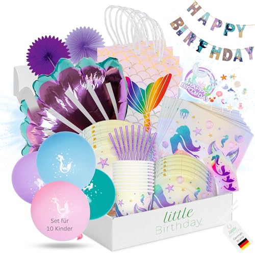 LITTLE BIRTHDAY Set di stoviglie per feste di compleanno per bambini, decorazione per feste, compleanni, 10 persone, piatti di carta, bicchieri di carta, tovaglioli, palloncini, topper, biglietti di