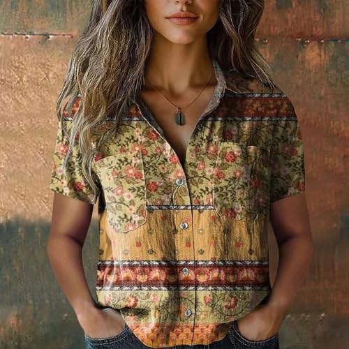 Ethnic Shirts for Women 2025 Women Cotton Shirt Printed V Neck Button Down Casual Tops Short Sleeve Blouse Matching2