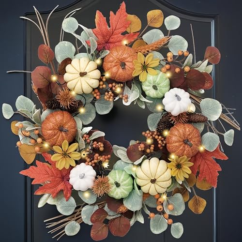 Valery Madelyn Collapsible Fall Wreath with Light for Front Door,