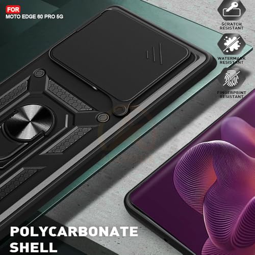 Image of Armor Bumper Back Cover Case for Moto Edge 60 Pro 5G Rotating Camera Cover, Ring Holder & Kickstand | Heavy Duty & 360 Degree Protection Moto Edge 60 Pro 5G Back Cover (Black)