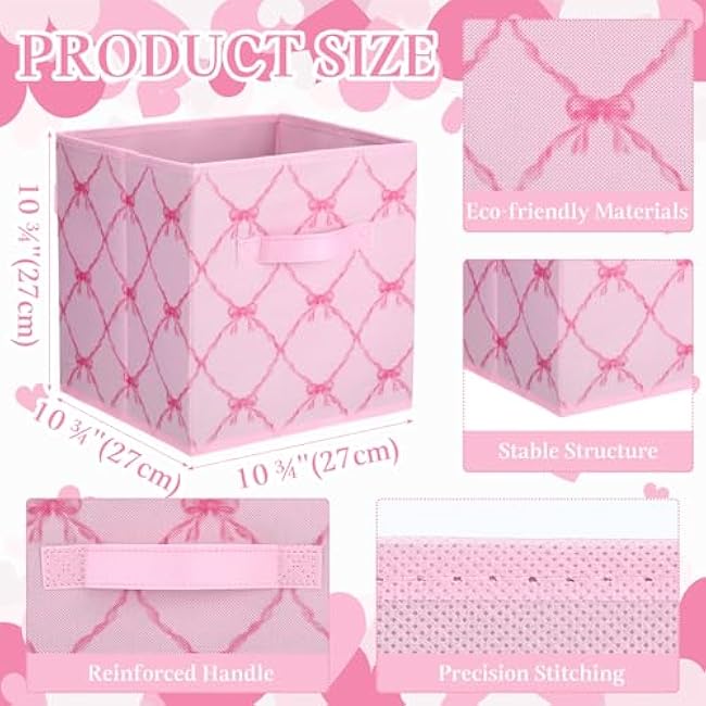 Geelin 6 Pcs Pink Bow Cube Storage Bins 11 Inch Storage Basket with Handle, Preppy Girls Organizer Basket, Collapsible Fabric Box for Classroom Bedrooms Office Home Decoration Gift