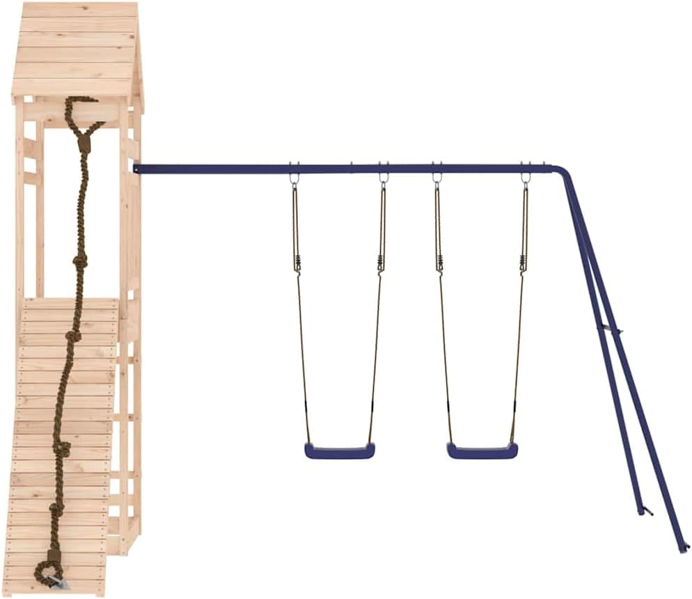 Natural Wood and Blue Outdoor Playset with Climbing Wall and Swings for Active Play, Solid Pinewood Construction, Holds Up to Four Kids, Rustic Finish for Garden