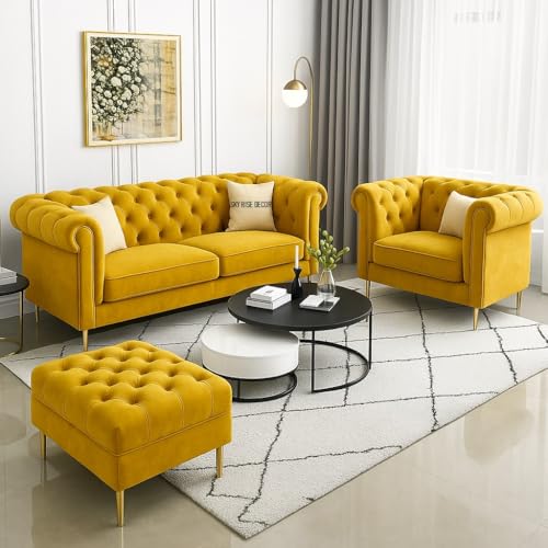 Image of Modern Classic 5 Seater Sofa Set Couch Fabric & Valvet Tufted 3+1+1Footrest Chesterfield Sofa Living Room and Office (Yellow 2) | Premium Material