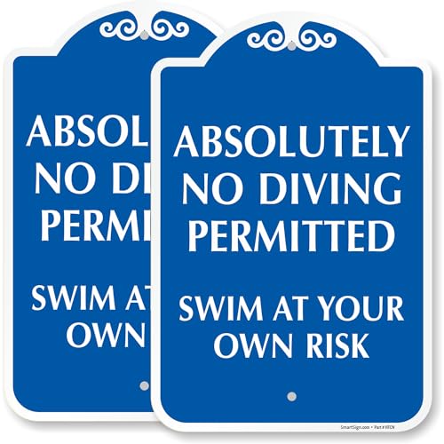SmartSign 2-Pack Designer “Absolutely No Diving Permitted, Swim At Your Own Risk” Sign, 18 x 12 inch Pool Rule Sign, 120 mil Aluminum Composite (ACM) with Overcoat, Blue/White