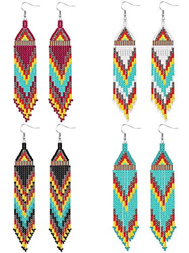 BBTO 4 Pcs Long Beaded Tassel Earrings Bohemia Native Handmade Statement Fringe Drop Boho Dangle Tassel Earrings for Women(Exotic)