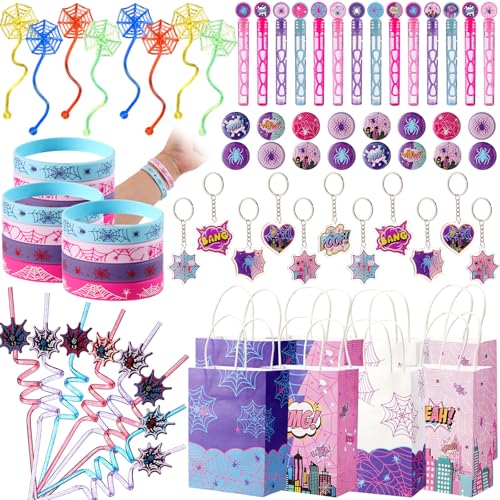 Vanblue 84 Pcs Pink Purple Spider Party Favors Gift Spiderweb Themed Birthday Party Decorations, Spider Comic Heroes Goodie Bag Stuffers,Classroom Reward Piñata Fillers for Girls Movie Fans