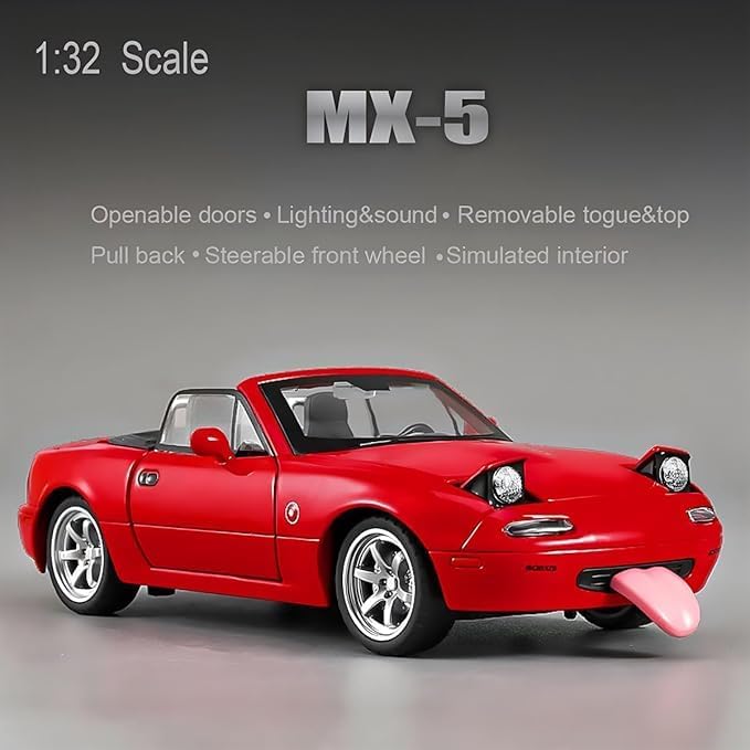 Image of 1:32 Mazda Miata MX-5 Alloy Model Car, Toy Car with Pullback, Removable Top, Blinking Lights, Toy Car with Sound and Bright Lights, Collectible Grade Gift for Kids (1:32 Mazda Miata MX-5 (Red Color))