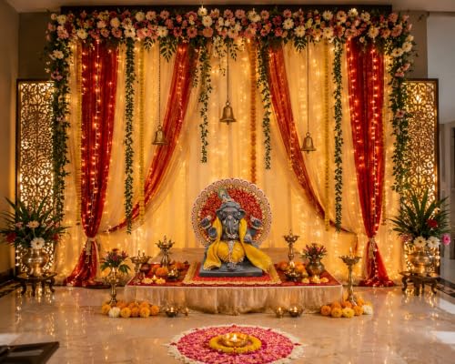 Image of SATYAM KRAFT 1 Pcs Ganpati Singhasan Backdrop Set| Red Gold Mirror Lace Decoration| 31x31 cm Square Round Backdrop with 10x10 cm Clamp| Ganpati Decoration Setup for Home, Ganesh Chaturthi Makhar