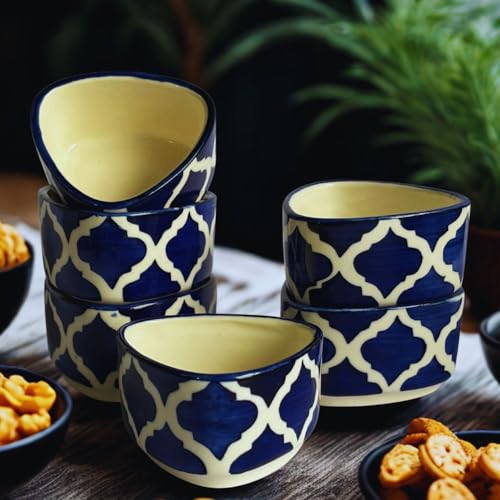 Image of Ceramic Handcrafted Bliss Dip Bowl |Blue & White |Set of 6 | Stoneware Snack, Dessert & Dip Bowls for Kitchen & Dining (50 ml Each)
