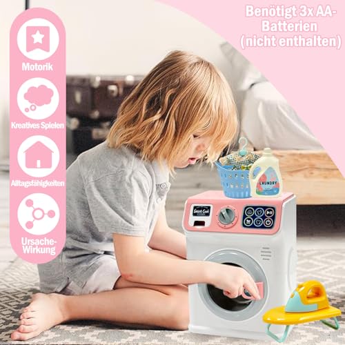 BAYMI Waschmaschine Kinder - Elektronische Kleine Waschmaschine mit Rotierender Trommel und Realistischen Geräuschen, Spielzeug für Kinder ab 3 Jahren (Rosa)