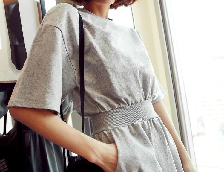 [アンリ] スポーティワンピース 半袖 ミモレ丈 ギャザーウエスト 速乾 シワになりにくい 着痩せ 夏物 レディース