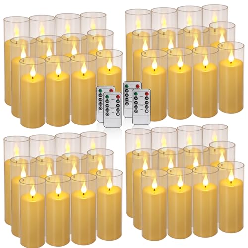 Image of YOROXRG Flickering Flameless Candles Battery Operated with Remote and 2 /4 /6 /8 H Timer Plexiglass LED Pillar Candles with Realistic Moving Wick for Home Decor Pack of 48 (D2.2 xH 5 inch 6 inch 7 inch) (Ivory)