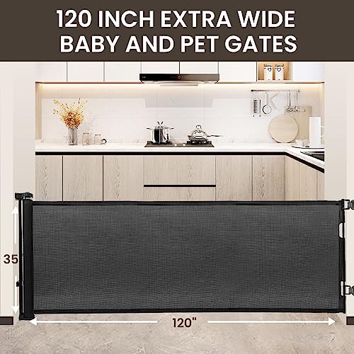 Upgrade 120 Inch Extra Wide Retractable Baby Gate Extra Long Dog Gate For The House Retractable Baby Gates For Doorways Large Retractable Pet Gate For Dogs Mesh Baby Gates For Wide Openings(Black) #TOP1