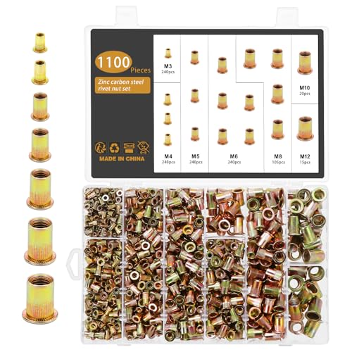 Gueenky 1100 Pièces Écrou à Rivet Assortiment, M3 M4 M5 M6 M8 M10 M12 Écrous à Riveter Fileter en Acier Carbone Zingué, 7 Tailles Écrou à Rivet Fileté à Tête Plate Rivet Inserts Filetés